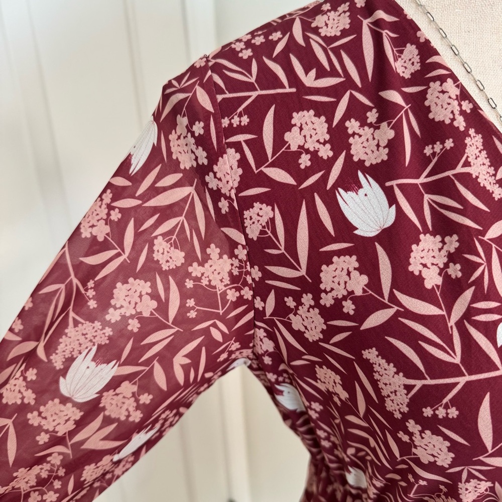 Floral Faux Wrap Midi Dress Burgundy Size Small Boho Cottagecore Fall - Picture 4 of 12